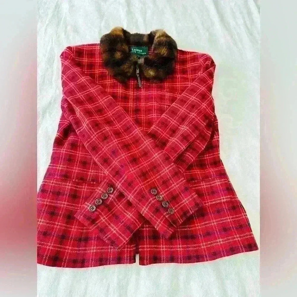 Lauren Ralph Lauren Red Plaid Jacket with Faux Fur Collar Size 6 - Picture 4 of 10